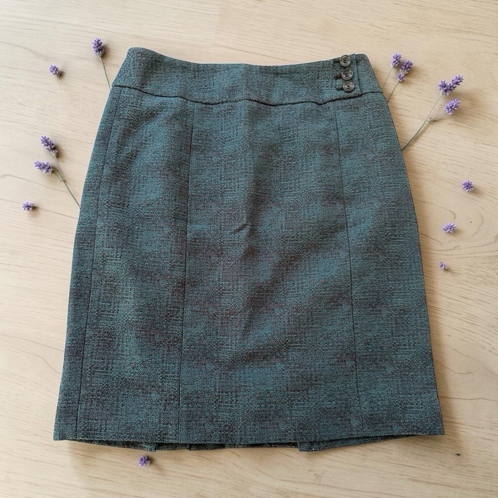 Ann Taylor Petites Pencil Skirt Size 0P Green Black Tweed Cotton Office Button